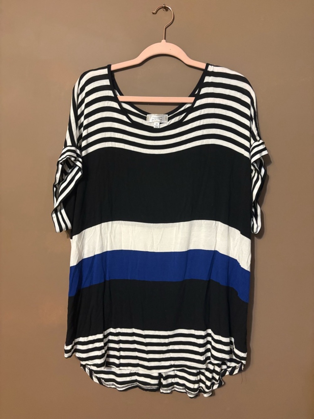 Striped Colorblock Short Sleeve Top - Black, White & Blue